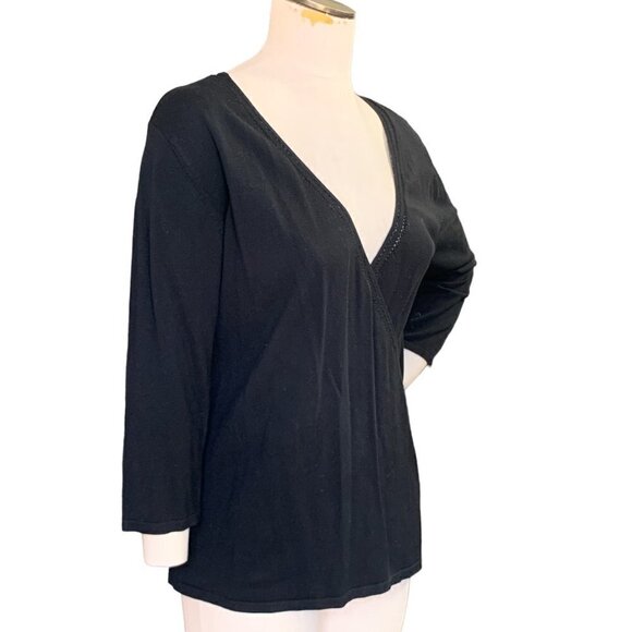Coldwater Creek Faux Wrap Silk Blend Top Lace Trim Neckline S Black 140F - Picture 3 of 8